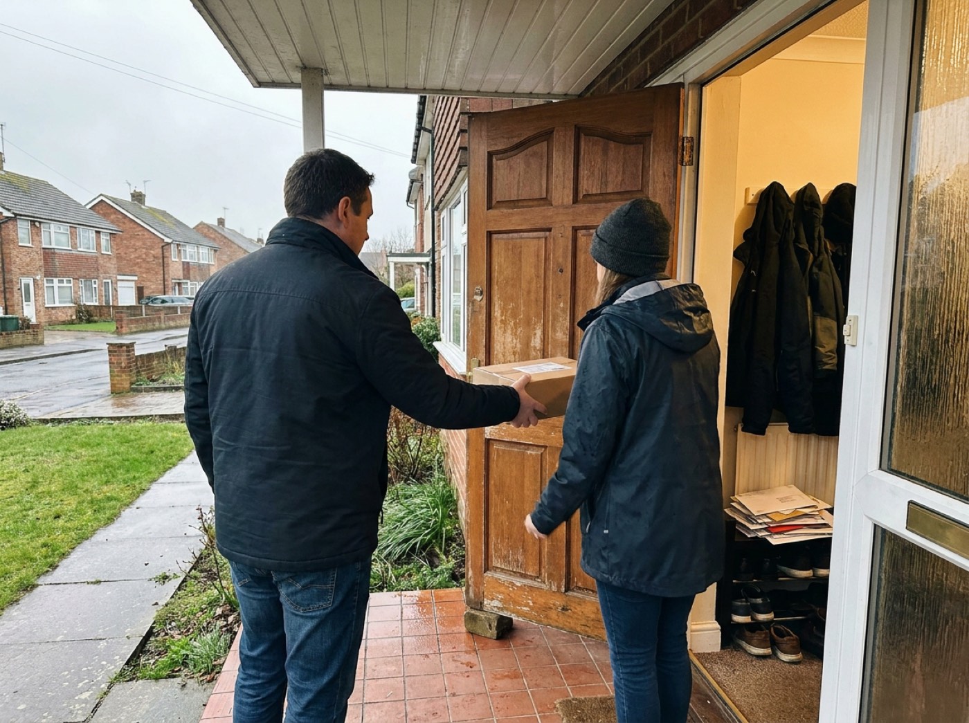 One person handing a boxed item to another at a front door.