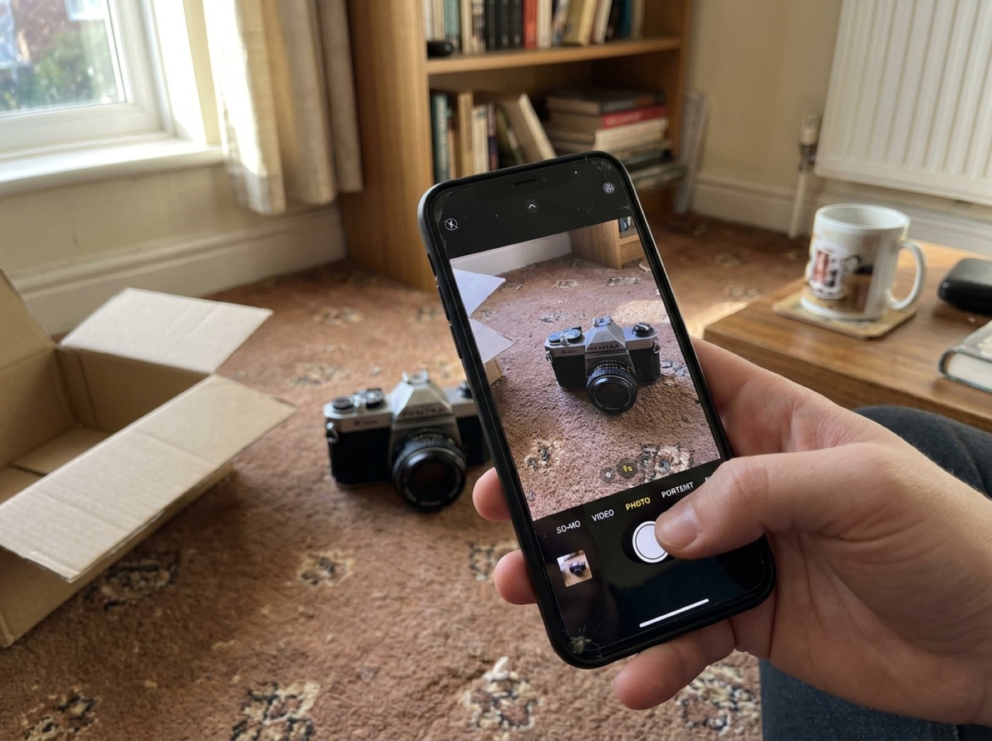 A phone held up to photograph an old film camera on a carpet.